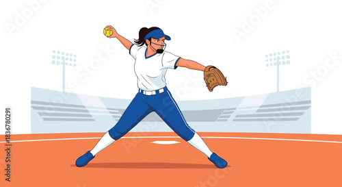 Softball pitcher mid-throw on a baseball diamond with stadium seating and bright lights, demonstrating athletic motion.