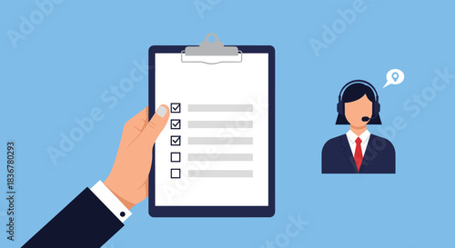 A hand holds a checklist, symbolizing task completion or evaluation, next to a customer service agent icon with a headset and a location pin.