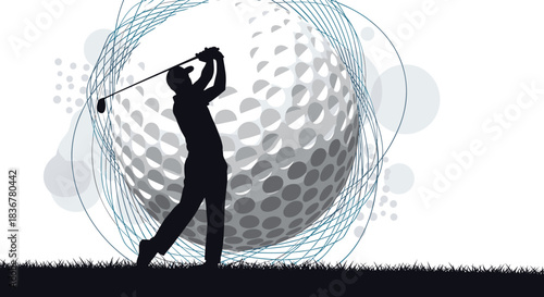 Golfer in silhouette mid-swing with a large abstract golf ball design and flowing lines in a dynamic, modern graphic.