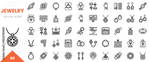 Collection of 50 outline icons representing various jewelry designs and accessories.