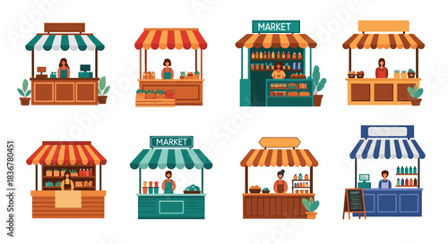 A vibrant collection of flat design illustrations showing various market stalls with vendors selling fresh produce, groceries, and other goods.