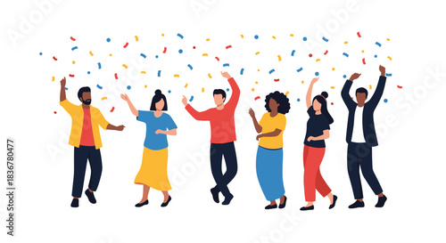 A diverse group of happy people celebrating and dancing together under falling colorful confetti, embodying joy and festivity.