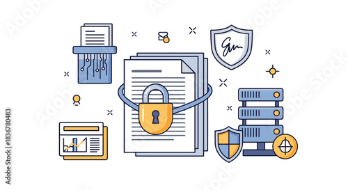 Illustration depicting robust digital data security measures, including document encryption, secure storage, server protection, and digital signatures for privacy.