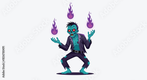 A pixelated undead zombie character performs a magical act, juggling three mystical purple flames with an eerie glow.