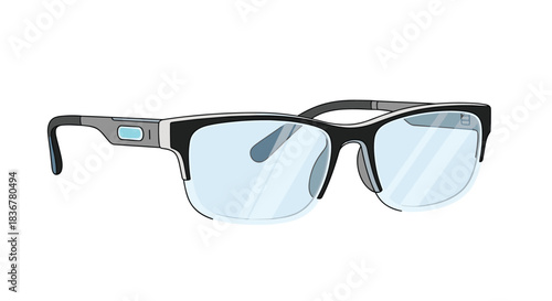 A pair of futuristic smart glasses with black frames and light blue lenses, designed for technology integration and everyday wear.