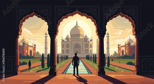Silhouette of a man admiring the iconic Taj Mahal, framed by a traditional archway, with a serene garden and reflective pool.