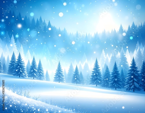 A serene winter landscape with snow-covered pine trees and falling snowflakes under a bright, hazy sky.