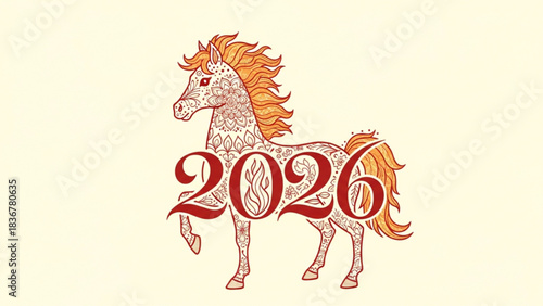 Decorative Illustration of Chinese Zodiac Fire Horse for Year 2026