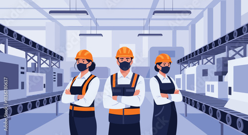Three confident factory workers, wearing hard hats, masks, and uniforms, stand with crossed arms in a modern manufacturing plant with conveyor belts and machinery.