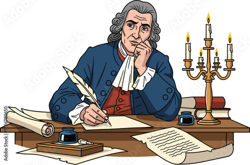 Contemplative historical figure writing with quill at ornate desk — symbolic illustration of Enlightenment thought, literature, and scholarship