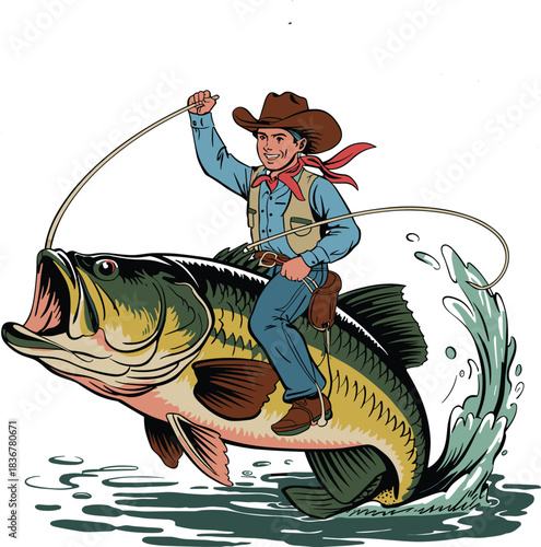Cowboy riding largemouth bass like a rodeo horse — whimsical cartoon fusion of Western adventure and fishing fantasy