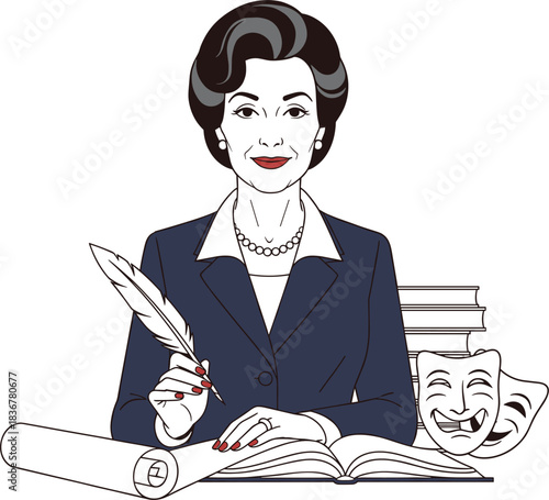 Elegant woman writing at desk with quill, scroll, and comedy mask — symbolic illustration of literature, drama, and scholarship