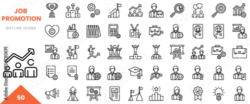 Illustrative outline icons depicting various aspects of job promotion, teamwork, and career growth.