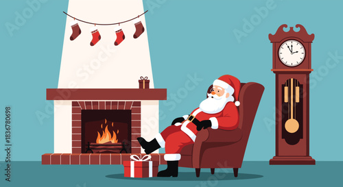Santa Claus rests in an armchair by a warm fireplace adorned with Christmas stockings, a gift at his feet, and a grandfather clock.