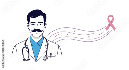 A male doctor with a mustache and stethoscope supports breast cancer awareness, represented by a pink ribbon flowing from a stylized medical design.