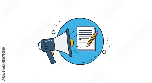Flat design illustration of a megaphone next to a document with a pencil, symbolizing communication, content writing, or public announcement.