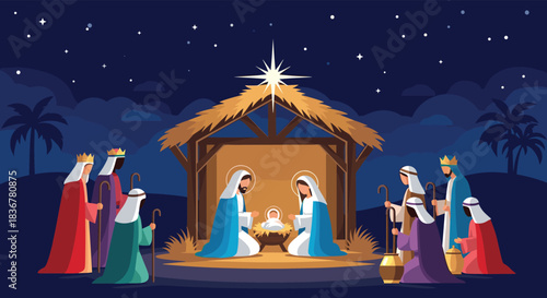 Nativity scene of Mary, Joseph, baby Jesus in stable, with Three Wise Men and shepherds, all under the Star of Bethlehem.