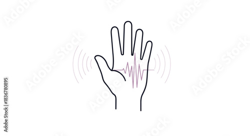 Outline of a human hand with radiating waves and a pulse-like zigzag line, representing touchless interaction or biometric sensing.
