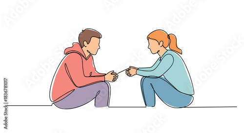 Two young people sitting on the ground, facing each other and gently connecting their hands with a string in a continuous line drawing style.