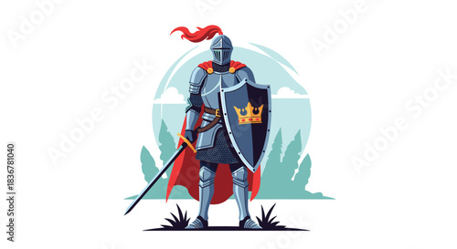 A brave armored knight stands valiantly with his sword and shield, featuring a royal crown emblem, against a serene landscape backdrop.