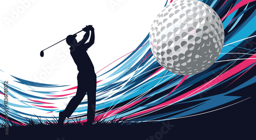 A silhouette of a golfer takes a powerful swing at a golf ball against a dynamic abstract background with blue and pink lines.