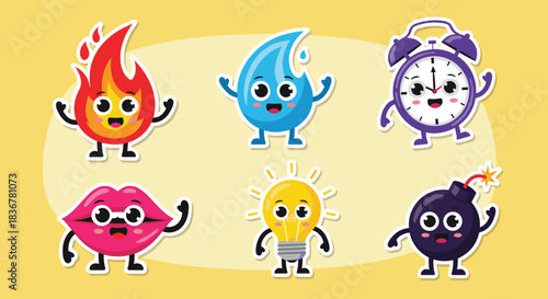 Happy cartoon sticker set of everyday objects: fire, water drop, alarm clock, lips, lightbulb, and bomb on a yellow background.