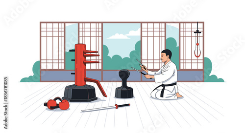 A dedicated martial artist in a traditional dojo prepares for training, kneeling with sai weapons surrounded by diverse equipment like a Wing Chun dummy.