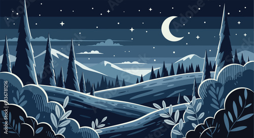 Charming pixel art illustration of a tranquil winter night scene with a crescent moon, shining stars, distant mountains, and tall evergreen trees.