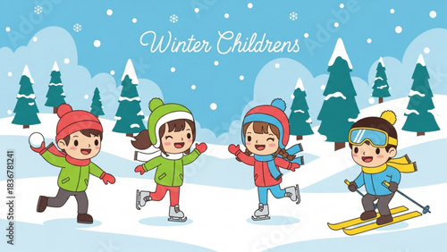 Cute Children Enjoying Winter Activities Vector Illustration