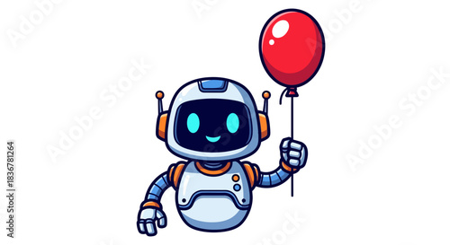 friendly ai companion holds vibrant red balloon, spreading digital cheer