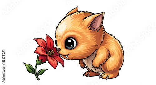 tiny orange furball sniffs vibrant red flower with tender curiosity