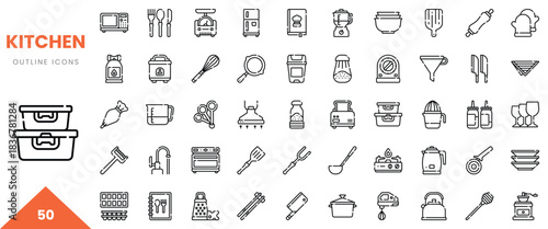 A collection of 50 kitchen outline icons showcasing utensils, appliances, and cookware.
