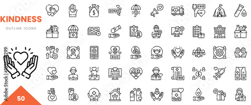 A collection of 50 outline icons representing kindness in various forms, from donations to volunteering.
