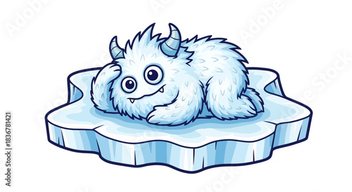 cute yeti monster relaxes contentedly, chilling on its cool ice