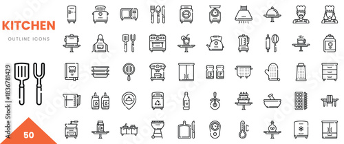 A collection of outline kitchen icons featuring utensils, appliances, and storage items.