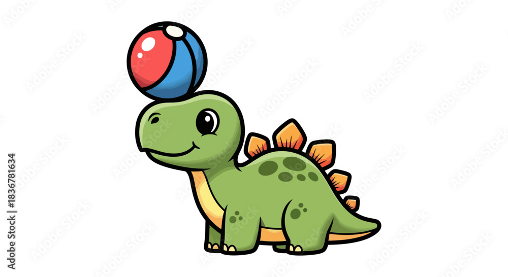 Fototapeta premium playful dinosaur balances beach ball, mastering a fun circus trick
