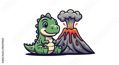 friendly green dino explores ancient wonders, volcano glows warmly