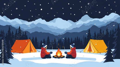 Cozy Winter Night Camping with Campfire in Snowy Mountain Forest
