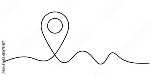 Continuous line art drawing of a location map pin marker icon on a winding path, representing navigation, journey, and travel route destination. Vector, illustration
