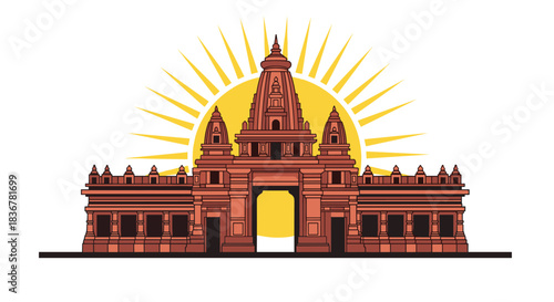 A stylized vector illustration featuring an ancient temple structure with a radiant sunburst in the background, embodying cultural and spiritual themes.