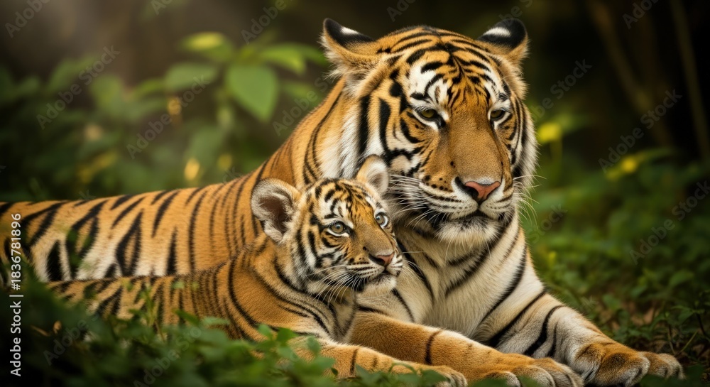 Obraz premium A large tiger and a smaller tiger cub lying together in a lush green forest with warm lighting.