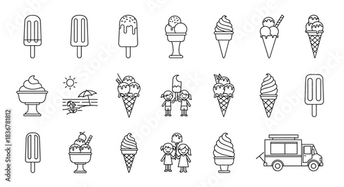Line art vector icons of diverse ice cream treats, popsicles, sundaes, a summer beach, an ice cream truck, and kids enjoying sweets.