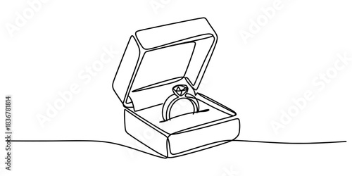 Continuous line art drawing of engagement ring in open box. minimalist wedding proposal jewelry concept. diamond ring in gift package. Vector, illustration