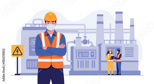 A masked industrial worker in a hard hat and safety vest stands confidently at a factory site, emphasizing workplace safety and teamwork.