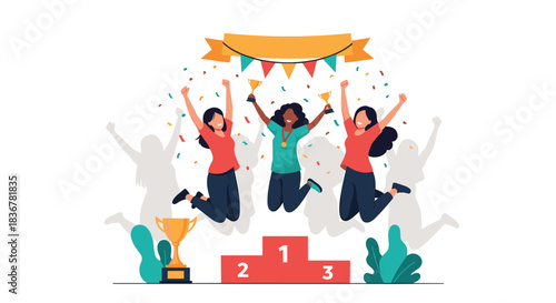 Three diverse women joyfully celebrate their victory on a winner's podium with confetti and trophies, embodying success and teamwork.