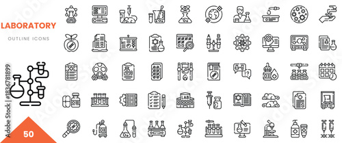 A collection of 50 laboratory outline icons representing various scientific tools and processes.