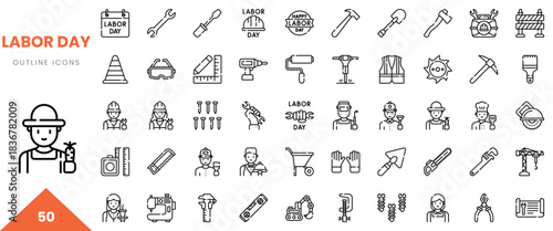 Diverse outline icons celebrating Labor Day, featuring tools, workers, and symbols of craftsmanship.