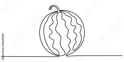 Abstract single line art illustration of a ripe whole watermelon fruit, creative modern minimalist sketch, healthy eating summer fruit design. Vector, illustration