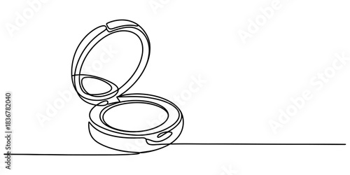 One line continuous drawing of an open compact powder case with mirror, cosmetic product, makeup item, beauty accessory, isolated on continuous one line art of vector illustration