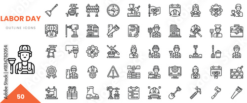 A collection of Labor Day outline icons showcasing various professions and tools relevant to workers.